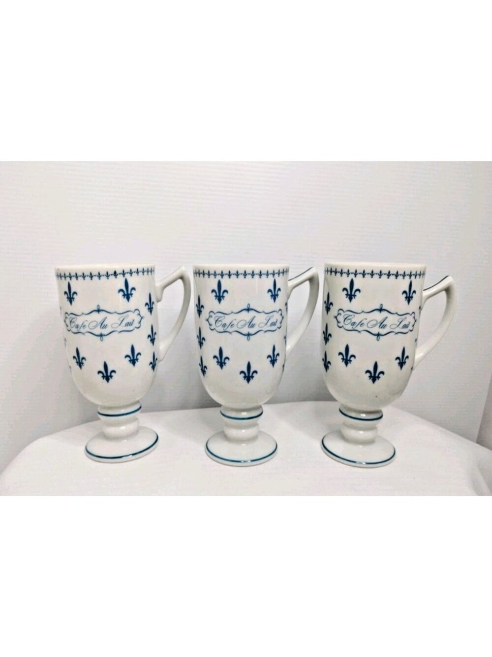 Set Of 3 Porcelain Cafe Au Lai Blue & White Tall Footed Espresso Cups New